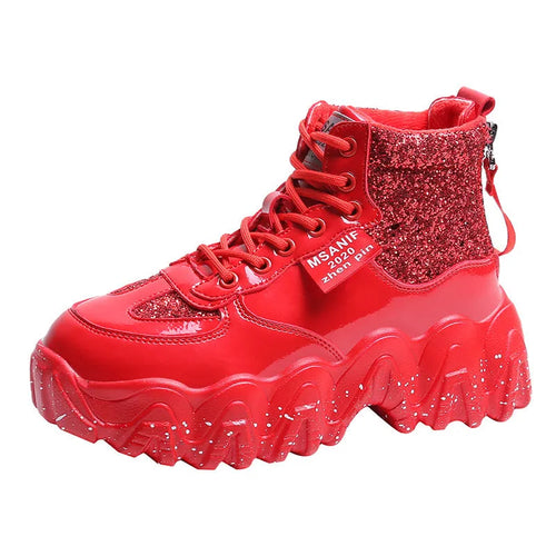 Big wavy snowflake daddy shoes with sequins, cross ties, rhinestones, sponge cake heel, waterproof platform, round toe, solid colour