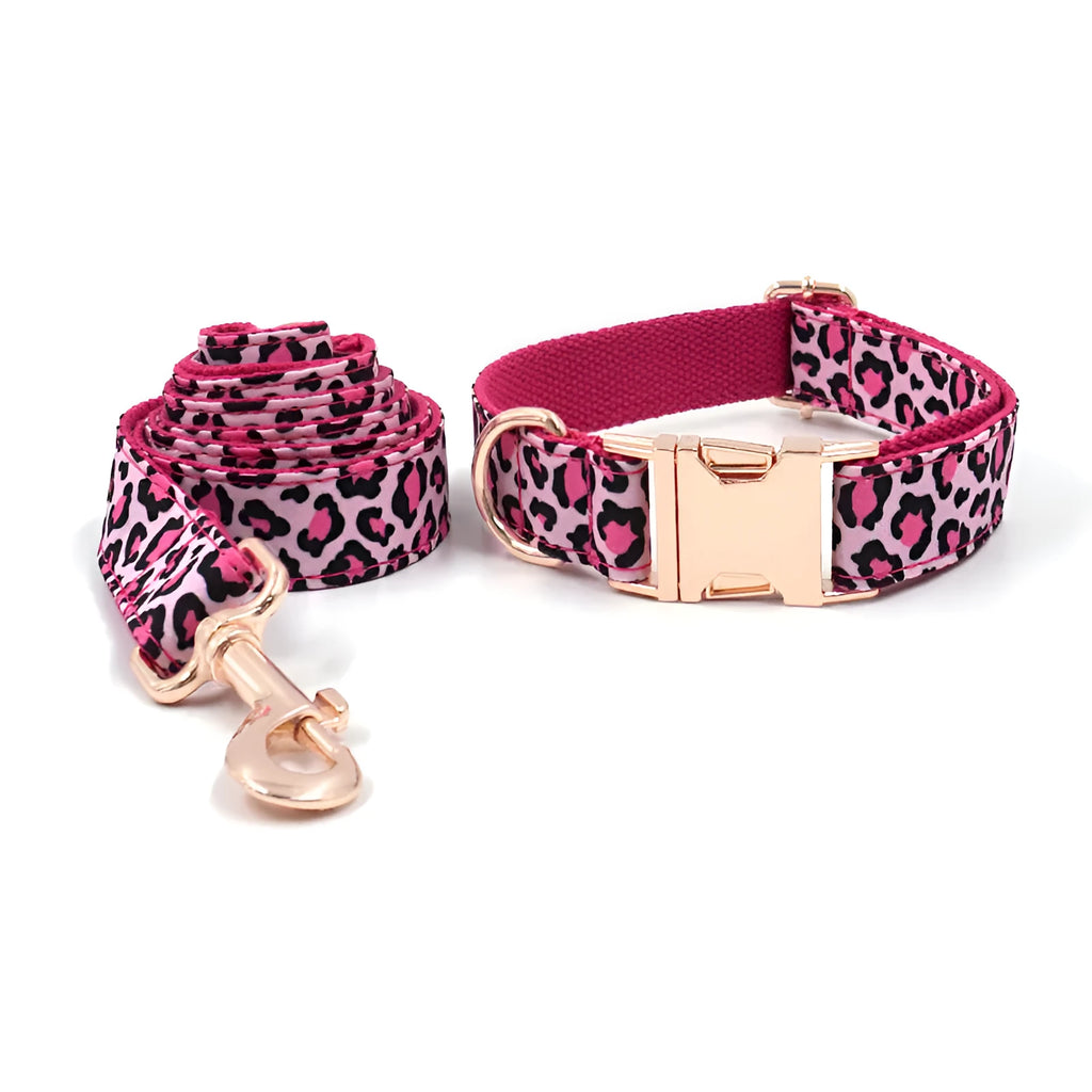 Leopard print dog collar and lead set in rose gold tone polyester, sizes XS to XL