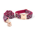 Leopard print dog collar and lead set in rose gold tone polyester, sizes XS to XL