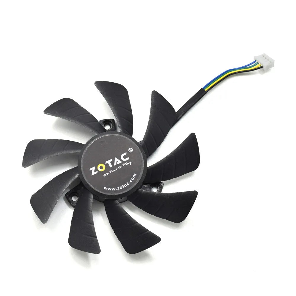 Black 85mm graphics card cooling fan with 4-pin connector and 40mm mounting holes, model T129215SU by inRobert