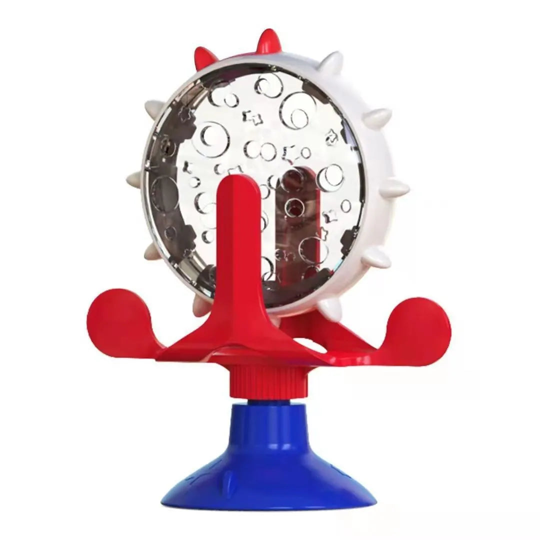 Interactive pet puzzle toy with spinner treat dispenser and suction cup base in multiple colours