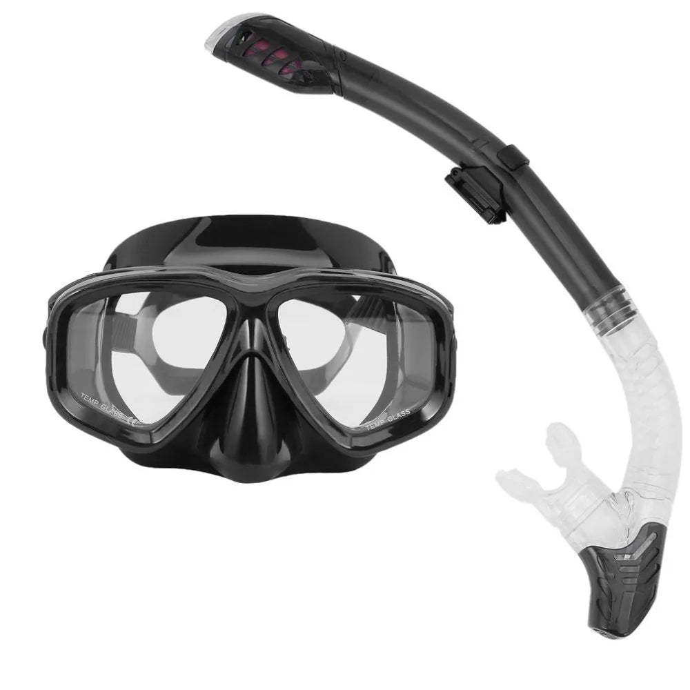 Anti-fog diving goggles with PC frame, silicone skirt, and adjustable strap in multiple colours.