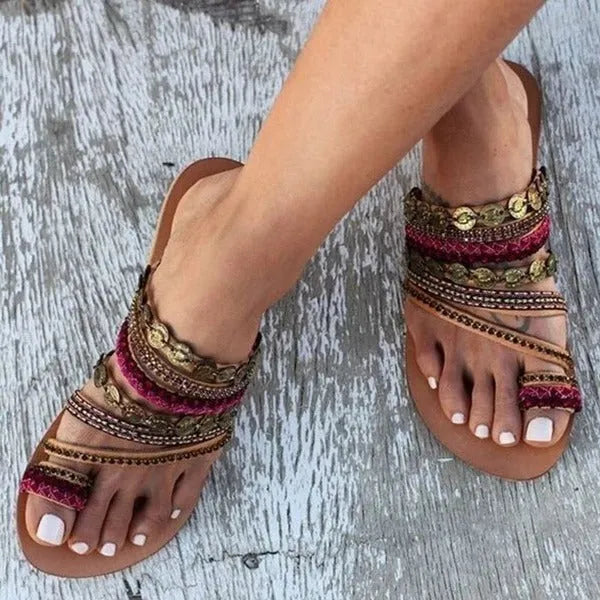 Red bohemian beach sandals with flower detail, artificial PU upper, fish mouth toe design for women