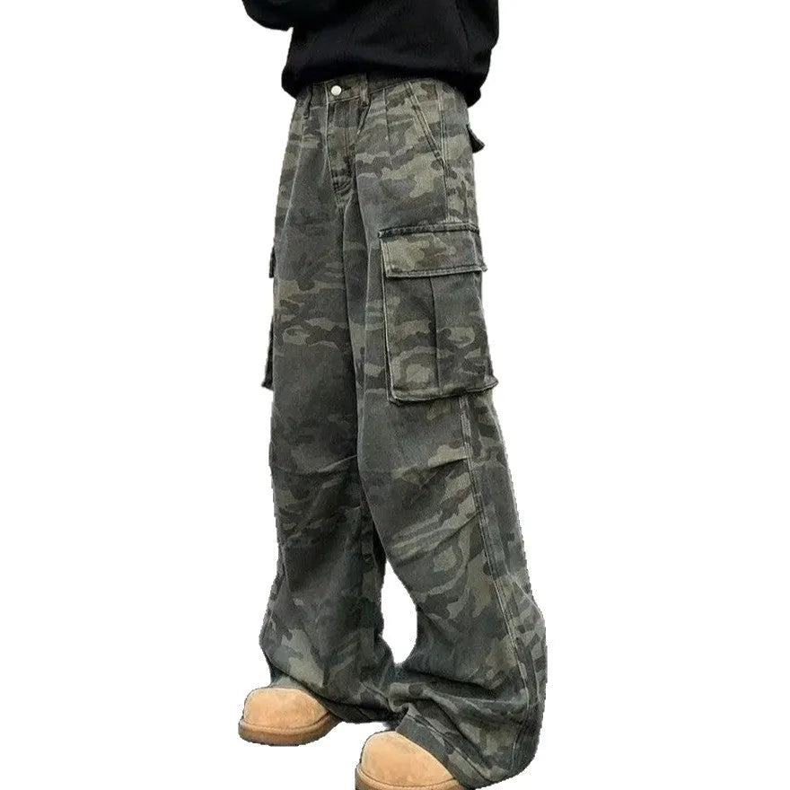 Men's washed camouflage print cargo trousers with multiple pockets and a mid waist design.