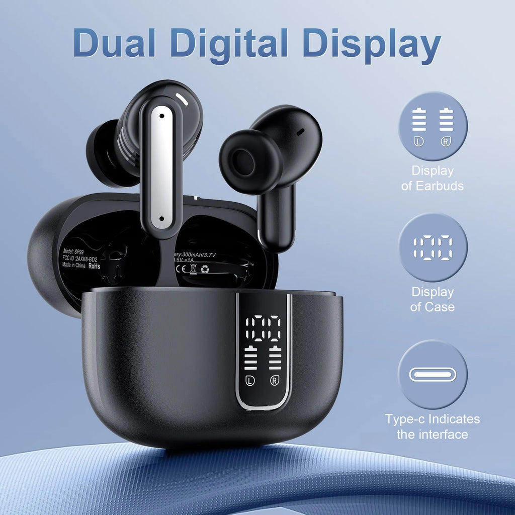 Black or white Bluetooth earphones with digital noise reduction, 10m range and 8+ hour battery life