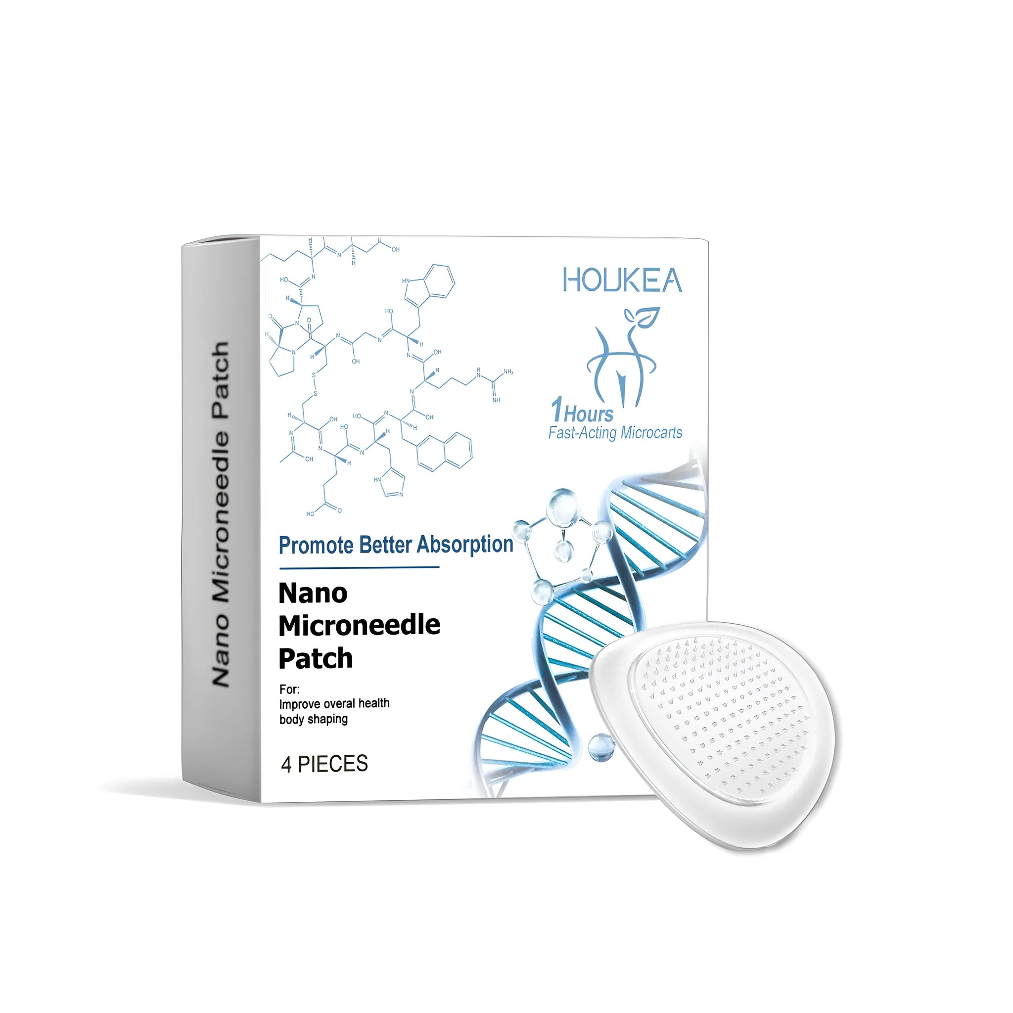 Four nano microneedle patches in a pack with botanical extract ingredients listed.
