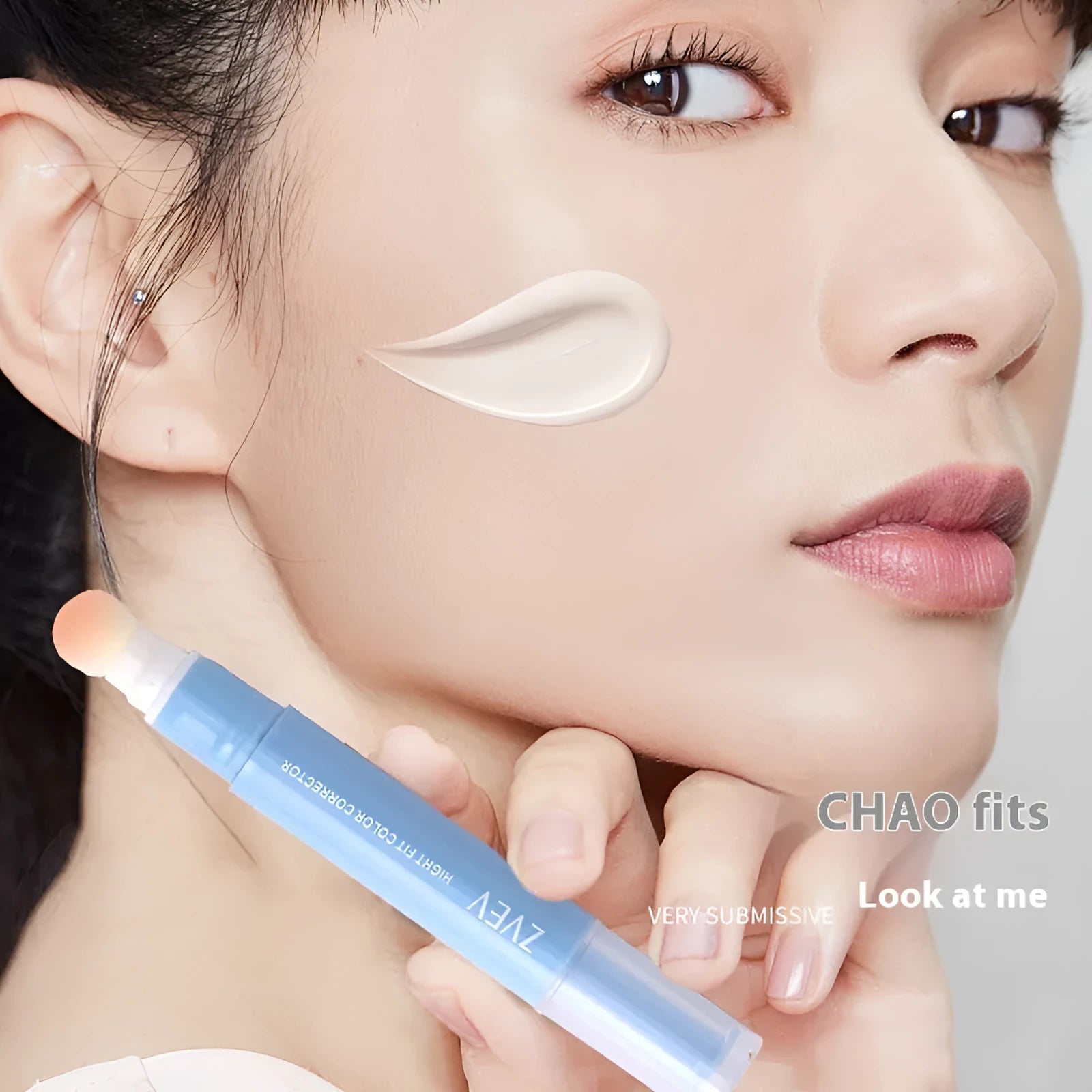 Clothing concealer cream with sponge brush applicator in three shades: brightening, pink flesh, and flesh colour