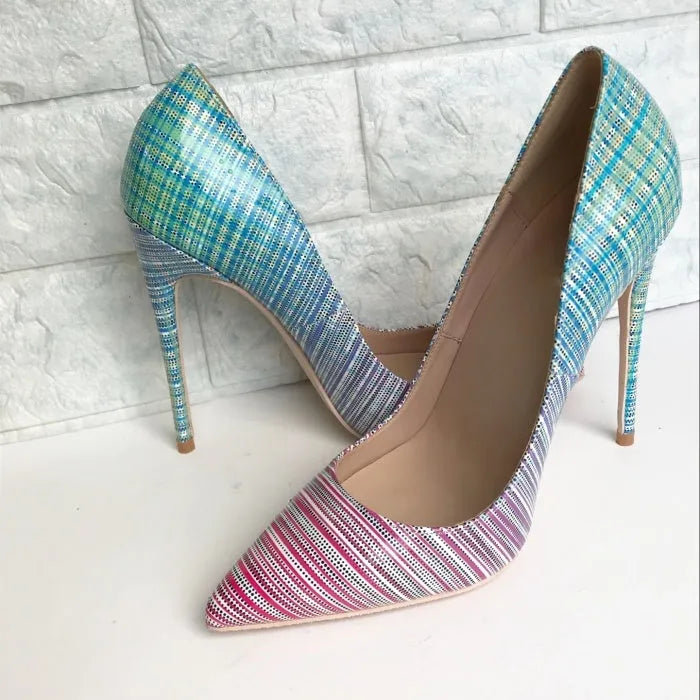 Ladies pink and blue gradient patent leather pointed toe high heels on a rubber sole.