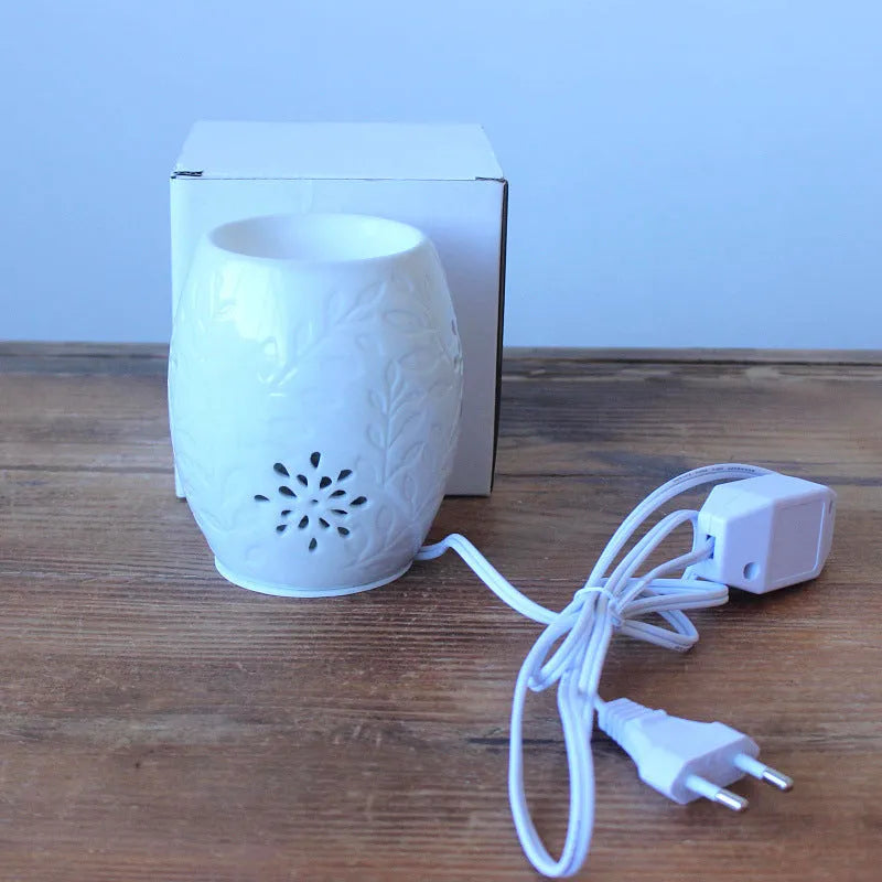 White porcelain ceramic aroma lamp incense burner with colour glaze finish and pavilion pattern