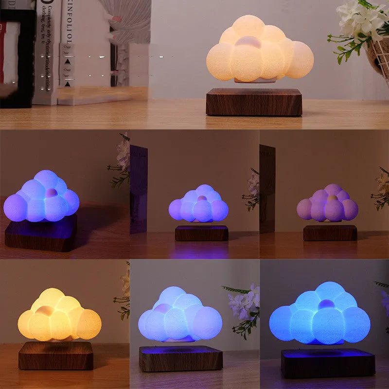 Magnetic levitation cloud lamp floating above base with warm white light, ABS flower-shaped lampshade