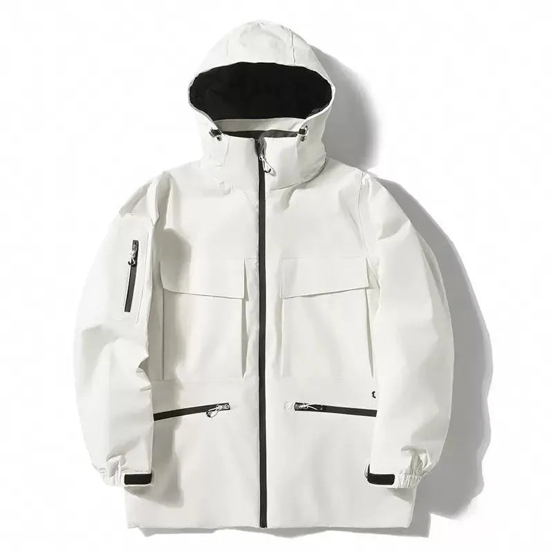 Men's winter thicken thermal hooded ski jacket in fluorescent green with full front zip and side pockets