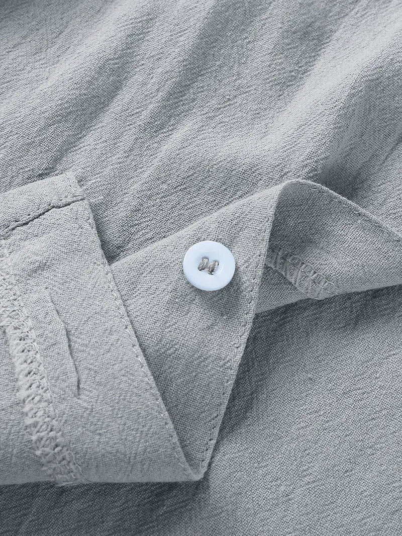 Men's short sleeve button down shirt in linen cotton blend, loose fit lapel collar, solid colour casual summer top