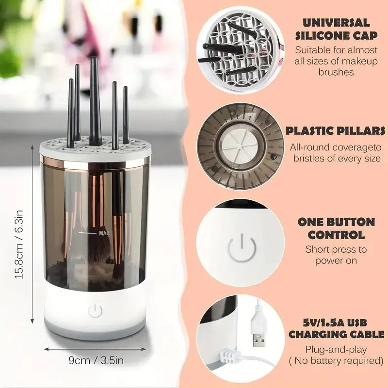 Automatic rotating makeup brush cleaner in grey or white, 16 x 9cm, with USB power cord and one-key control switch.