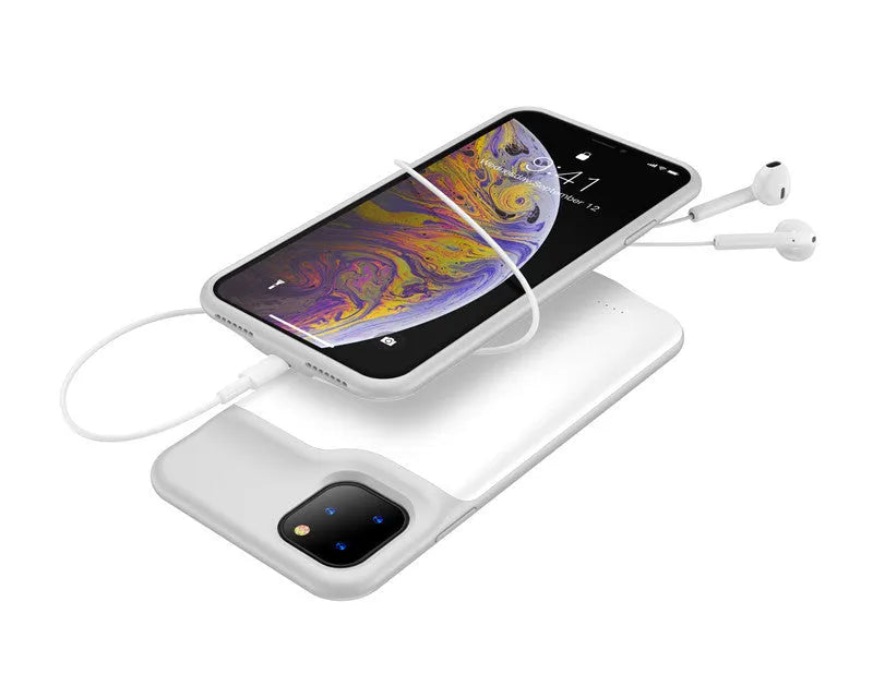 Shockproof silicone iPhone battery charging case in black, blue, pink, or white.