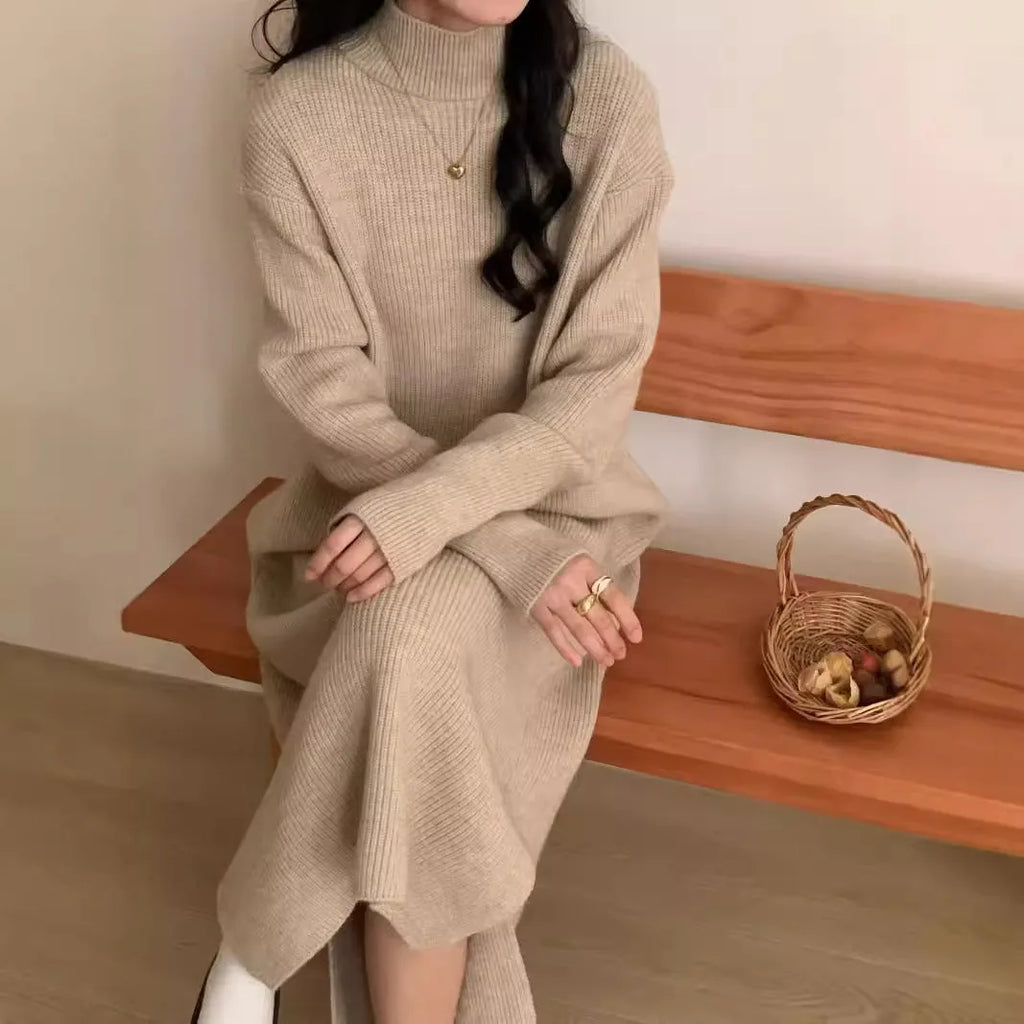 Half turtleneck knit dress in acrylic fabric with high waist and mid-length overknee skirt