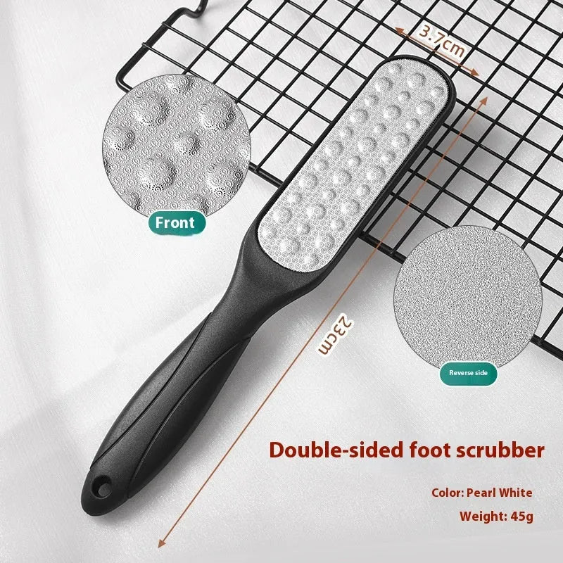 Stainless steel foot file with handle and two double-sided sandpaper pads for callus removal.
