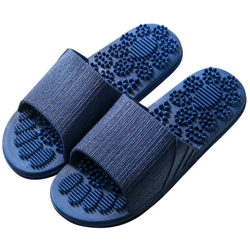 Reflexology acupressure slippers in EVA material with 3D massage particles, available in blue, grey, light blue, pink, purple