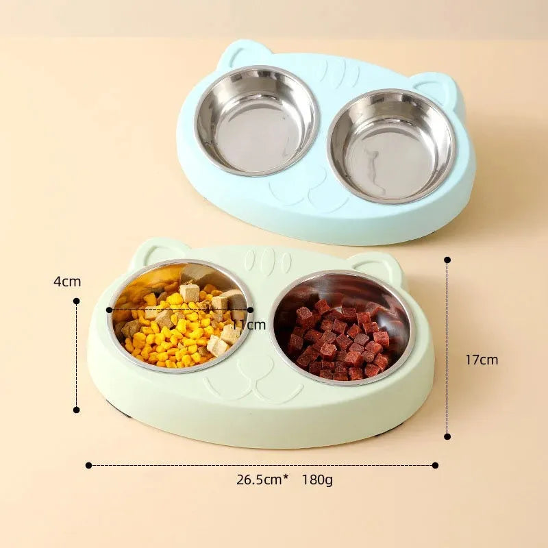 Blue plastic pet feeder tray with two bowls for cat or small dog food and water