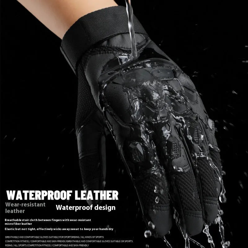 Men's black full finger tactical gloves with touch screen-compatible fingertips on a hand.