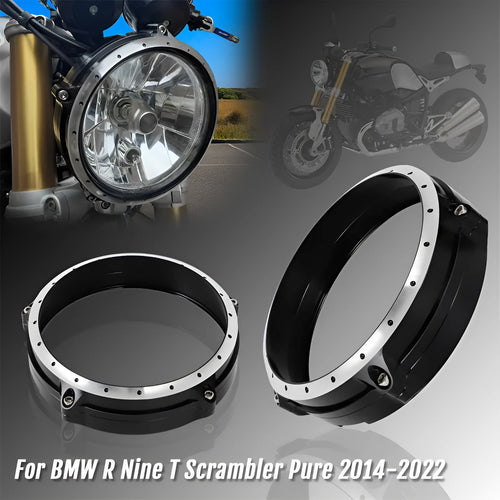 Black CNC aluminium headlight protective frame for BMW R NineT Scrambler motorcycle 2014-2017