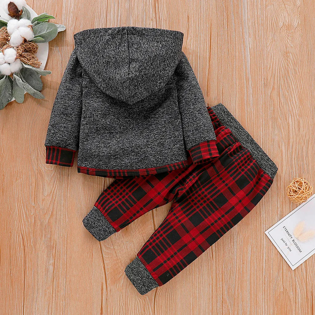 Baby long sleeve plaid sweater set in cotton blend, shown in grey and red, sizes 70cm to 110cm