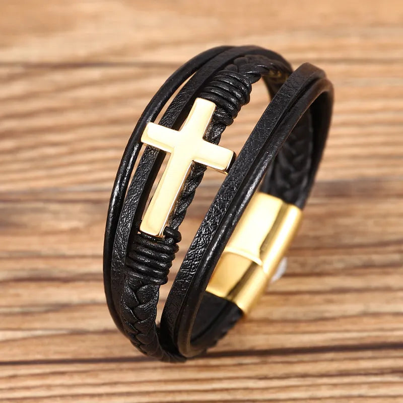 Multi-layer braided stainless steel cross men's unisex bracelet in gold colour with electroplated finish