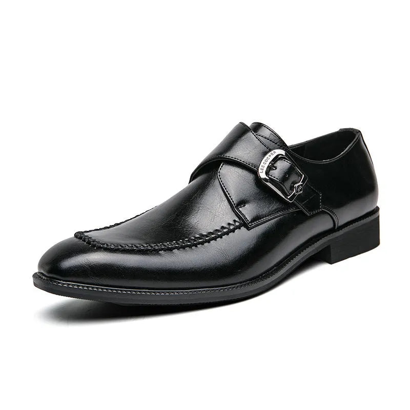 Men's square toe low-top buckle dress shoes in brown microfiber suede leather with stitching detail and rubber sole