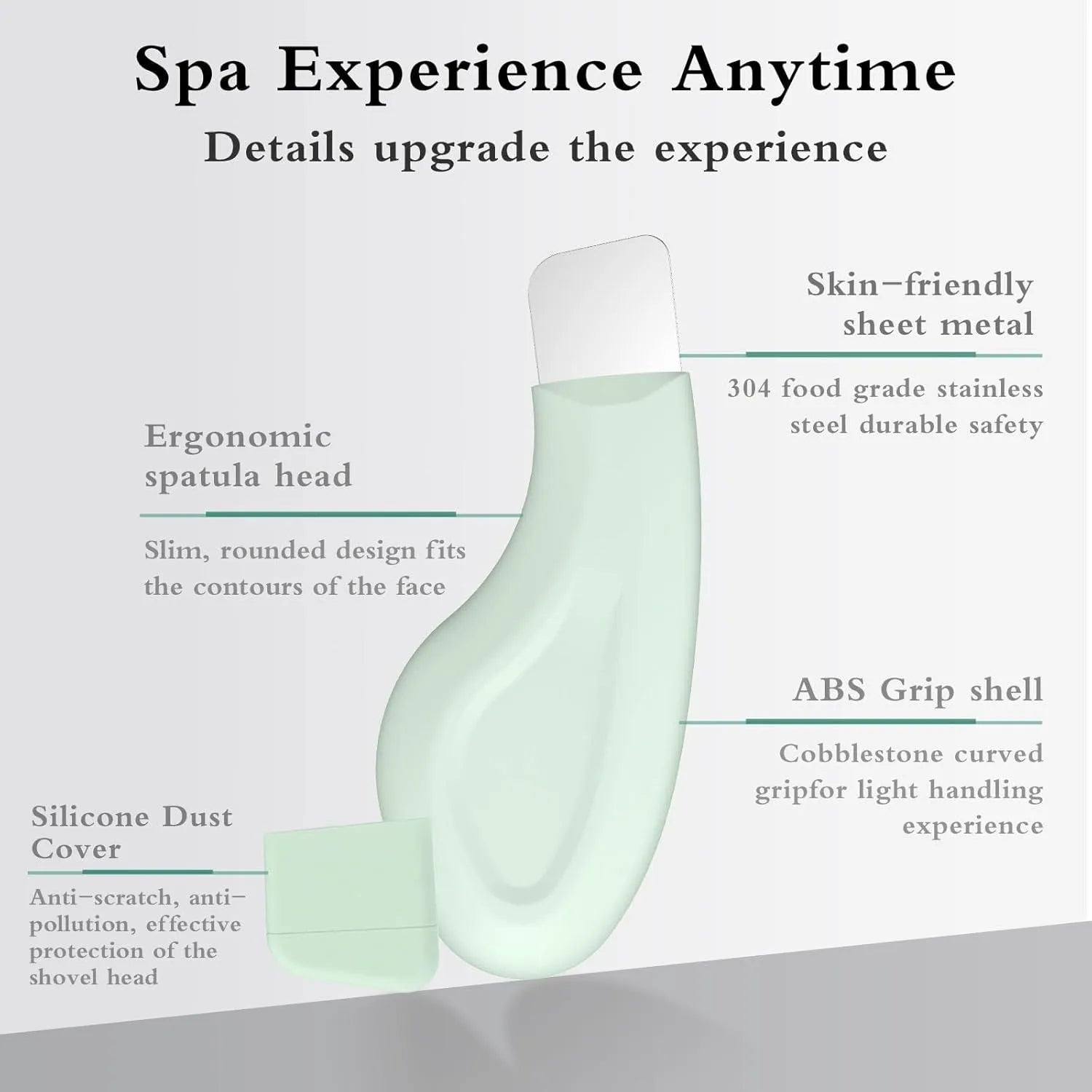 Green stainless steel face spatula pore scraper tool with a non-slip handle.