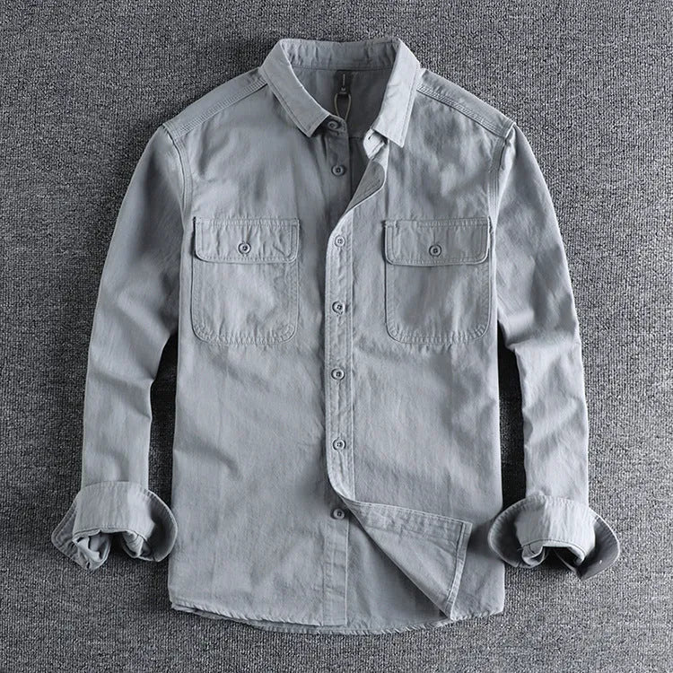Men's loose fit long sleeve overalls shirt in cardigan style available in four colours