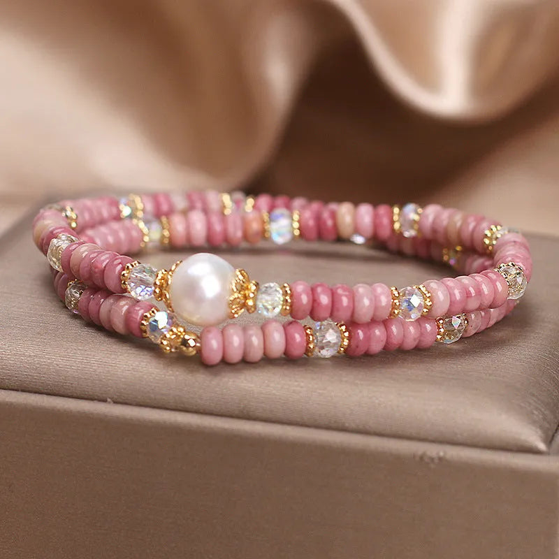 Natural red rhodochrosite and imitation pearl bracelet with chalcedony lotus seedpod pendant for women