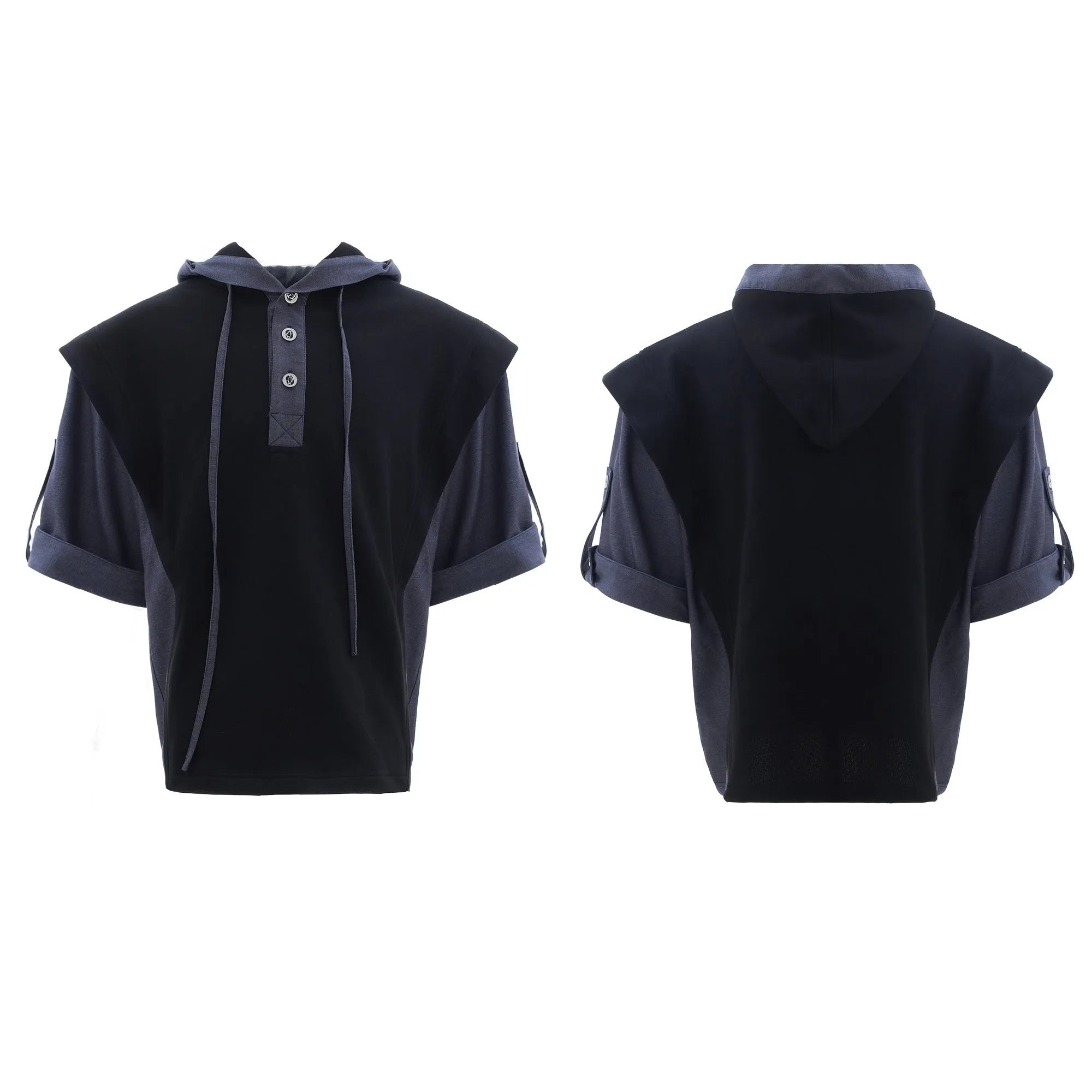 Men's black hooded polyester tracksuit with three-dimensional stitching on jacket and trousers