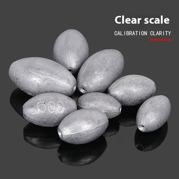 Tongxin olive lead fishing sinker with scale pattern in rugby shape, showing 10g to 150g weight options.