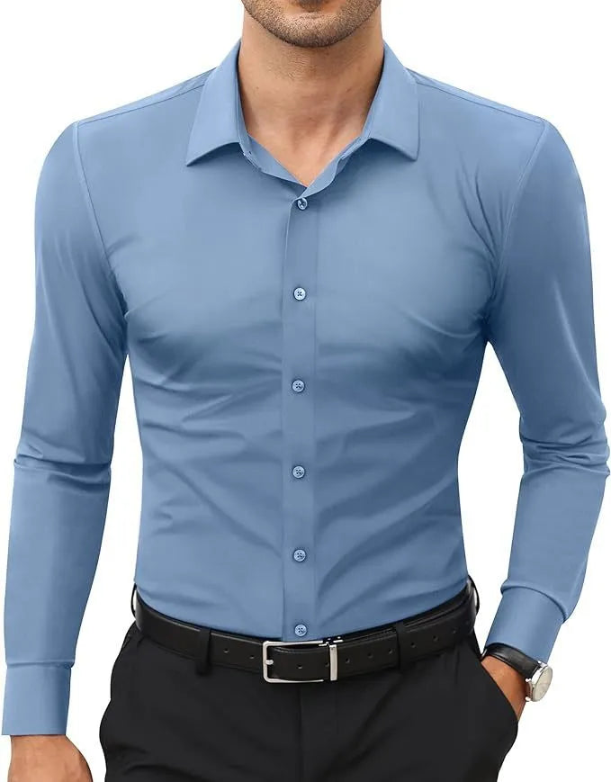 Men's long sleeve cardigan shirt in solid colour with polyester four-way stretch fabric, full elastic force construction