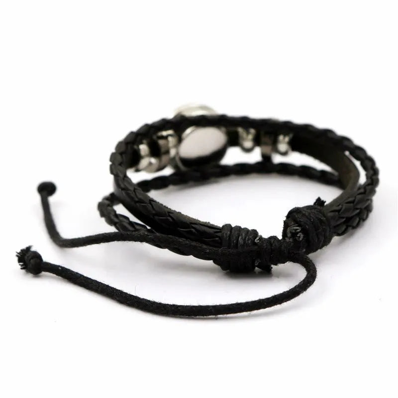 Luminous sun and moon couple leather bracelet with alloy electroplated finish and 18cm extension chain
