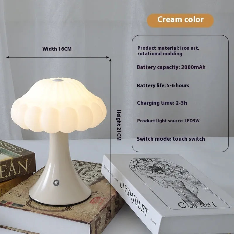 Mushroom-shaped decorative touch control night lamp with rechargeable battery in wood grain colour