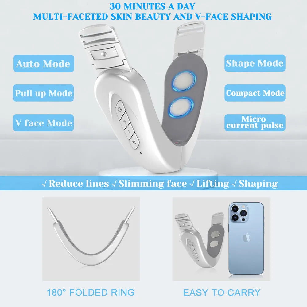 Vibration Massage V Face Beauty Instrument in White with USB-C charging cable in packaging