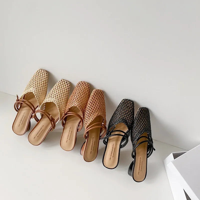 French style women's square toe slippers with hollow-out breathable design and retro thick heel