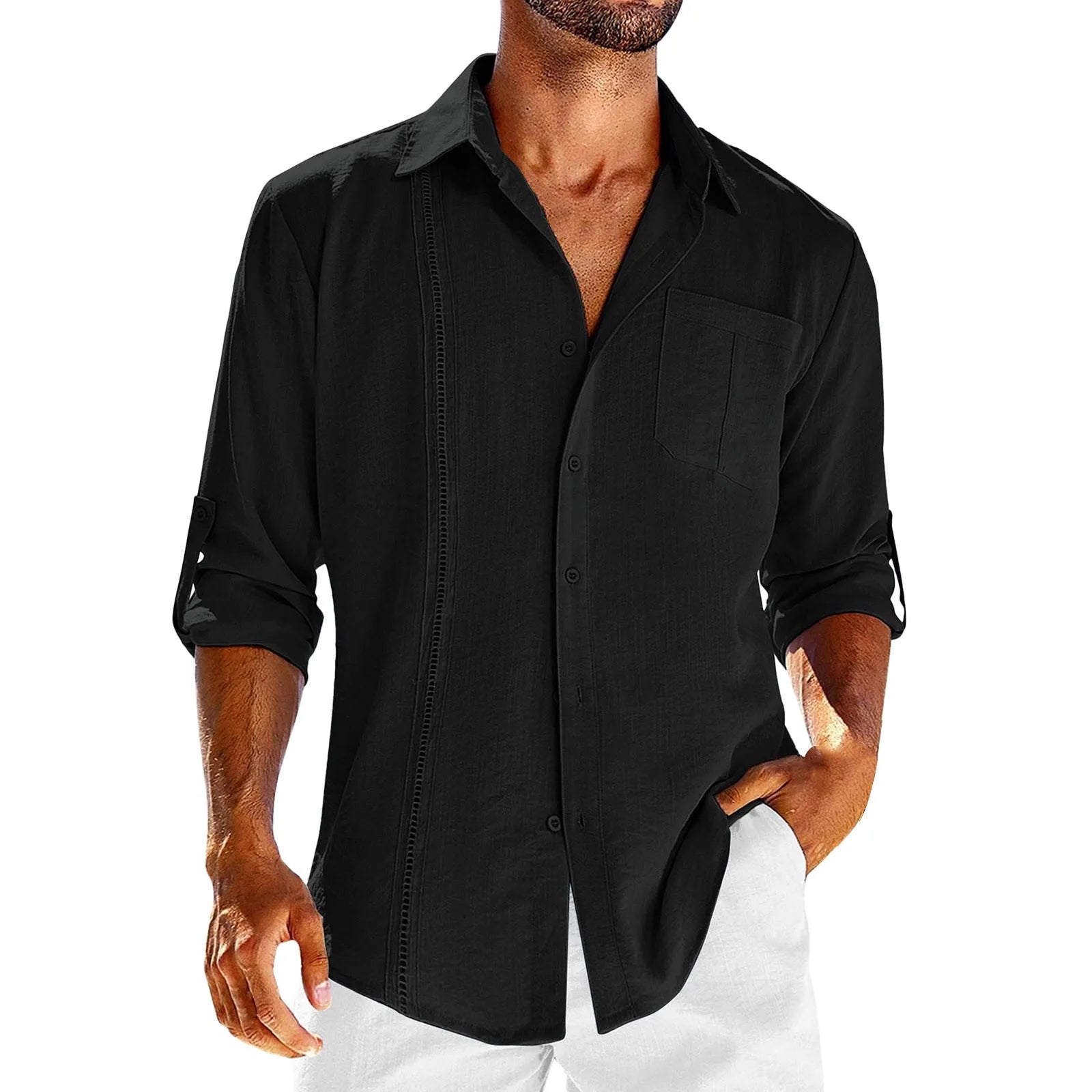 Men's grey long sleeve button-up shirt with lace detail on collar and a chest pocket.