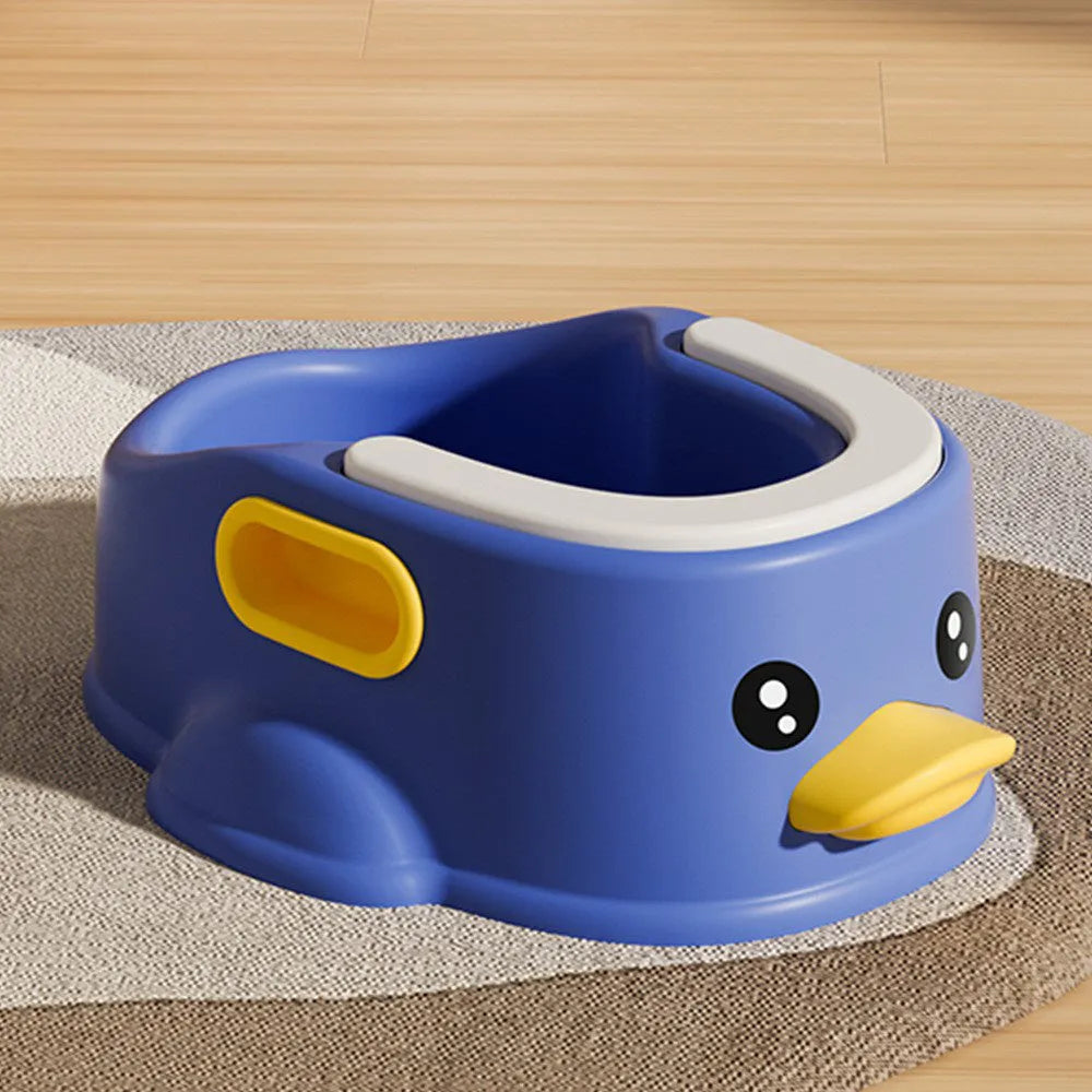 Blue duck-shaped PVC plastic bathtub for small dogs and cats on a bathroom floor.