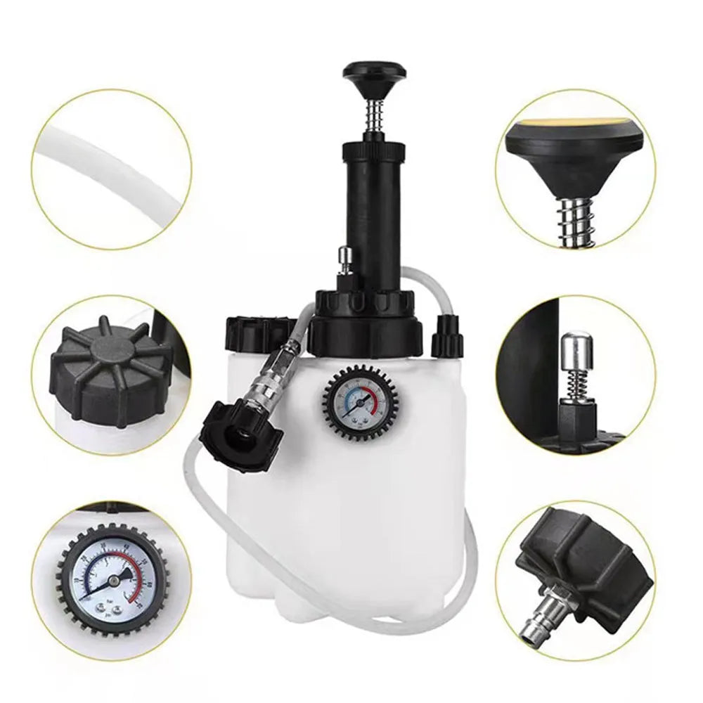 3-litre white plastic brake fluid reservoir tank with copper pump and iron fittings for car maintenance.