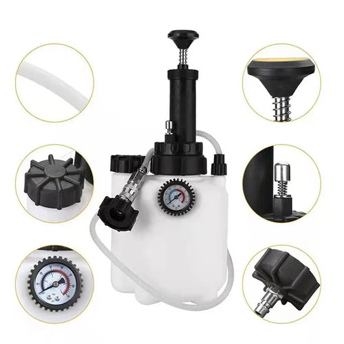 3-litre white plastic brake fluid reservoir tank with copper pump and iron fittings for car maintenance.