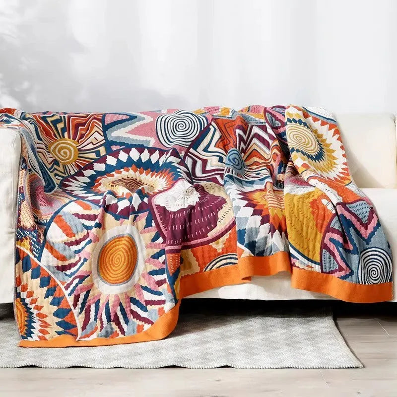 Blue Roulette Wheel pattern cotton towel blanket with thickened five-layer gauze construction
