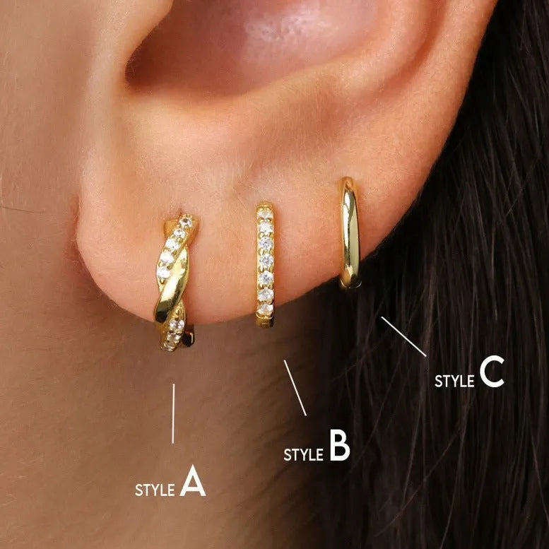 Twist copper earrings with inlaid zircon in gold or silver, shown as a 3-piece or 6-piece set per ear