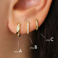 Twist copper earrings with inlaid zircon in gold or silver, shown as a 3-piece or 6-piece set per ear