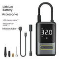 Handheld black digital display wireless car air pump with LED light and nozzle adapters.