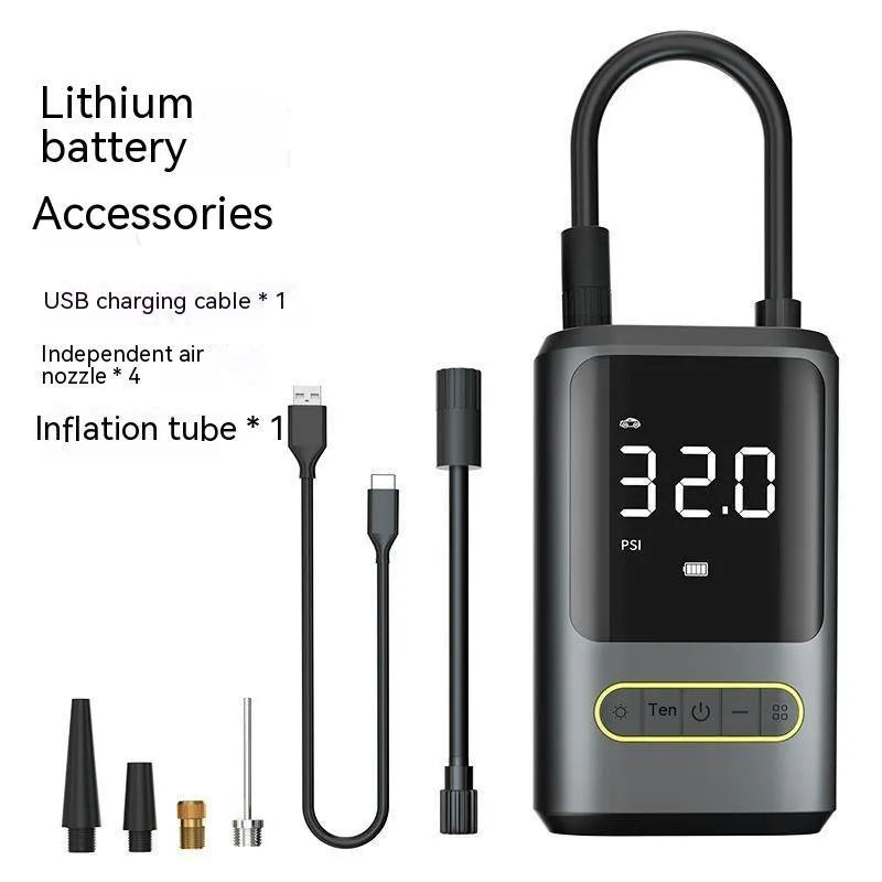 Handheld black digital display wireless car air pump with LED light and nozzle adapters.