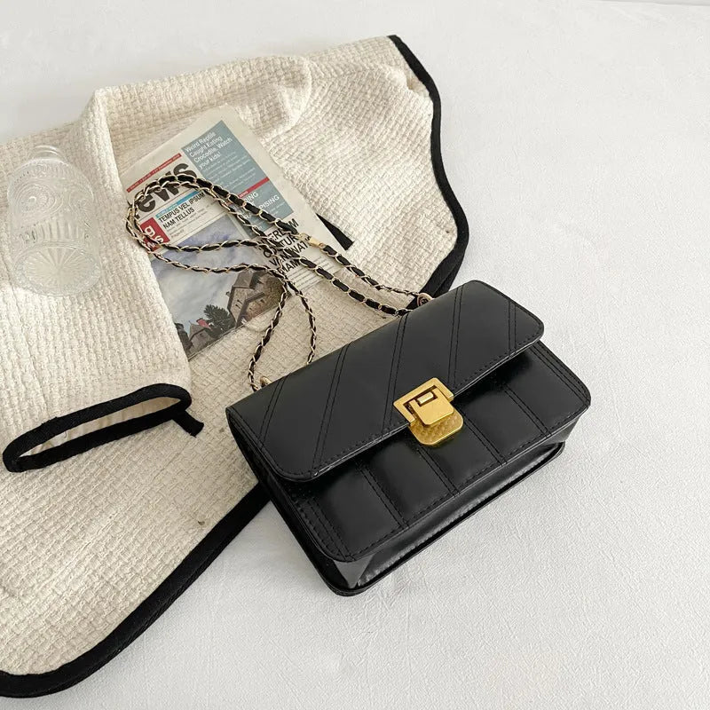 Small square PU shoulder bag with chain detail, single strap, soft horizontal crossbody in white black coffee khaki
