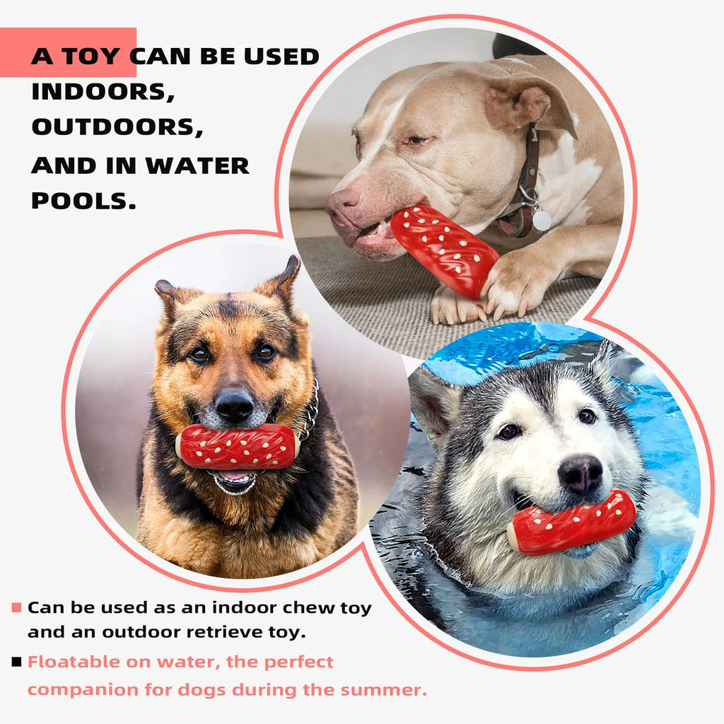 Primary colour plastic dog chew toy shaped like a glue toothbrush with a molar rod