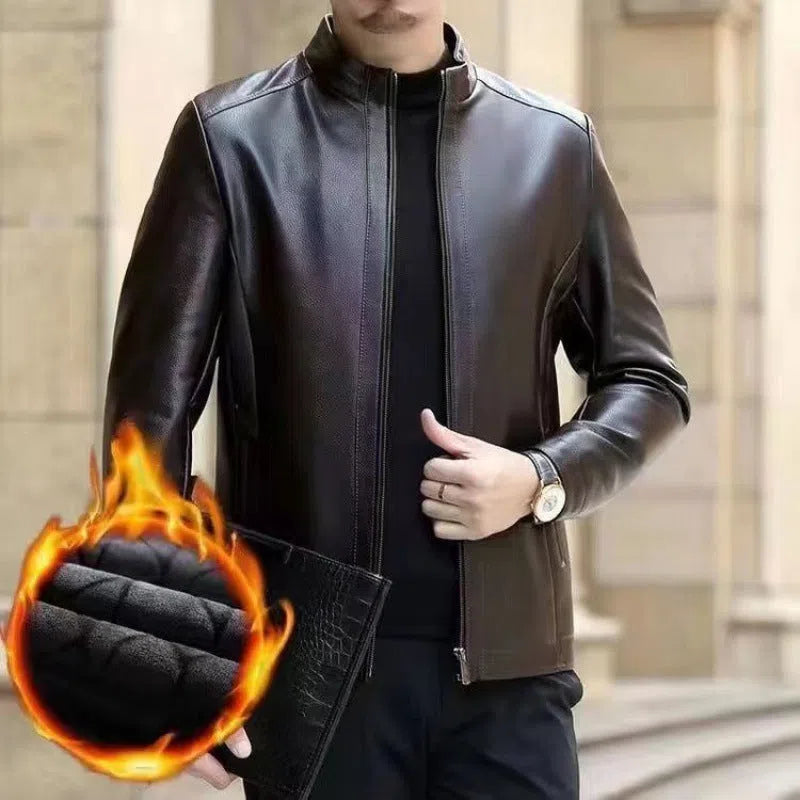 Men's horse leather jacket, loose 100cm lengthened cut, stand or turn-down collar, black or brown, fleece-lined option
