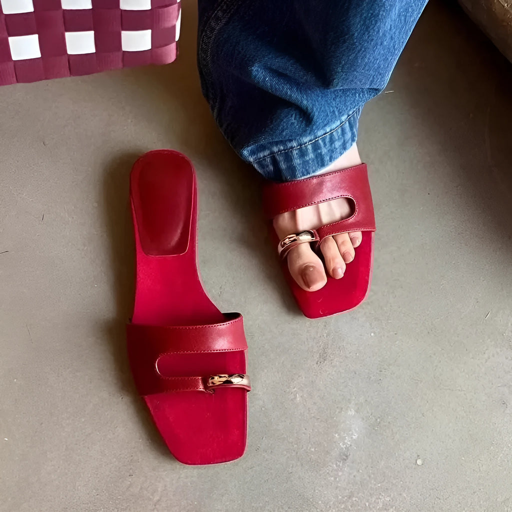 Leather outdoor slippers with rubber soles in black, white, red, and silver colours with square head design
